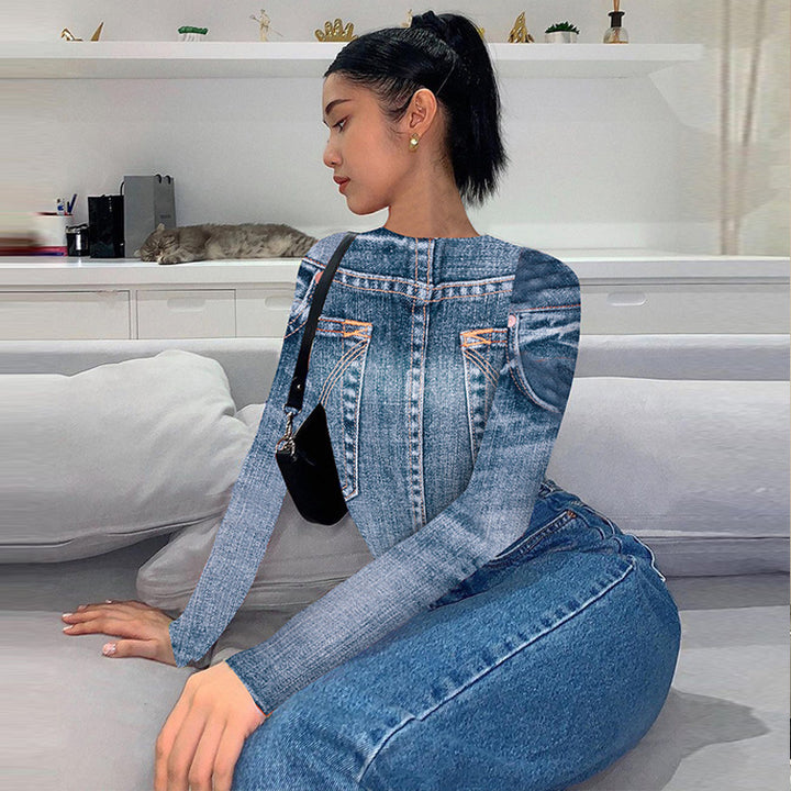 Dame tætsiddende Denim-overdel med lange ærmer og unikt print Stilla