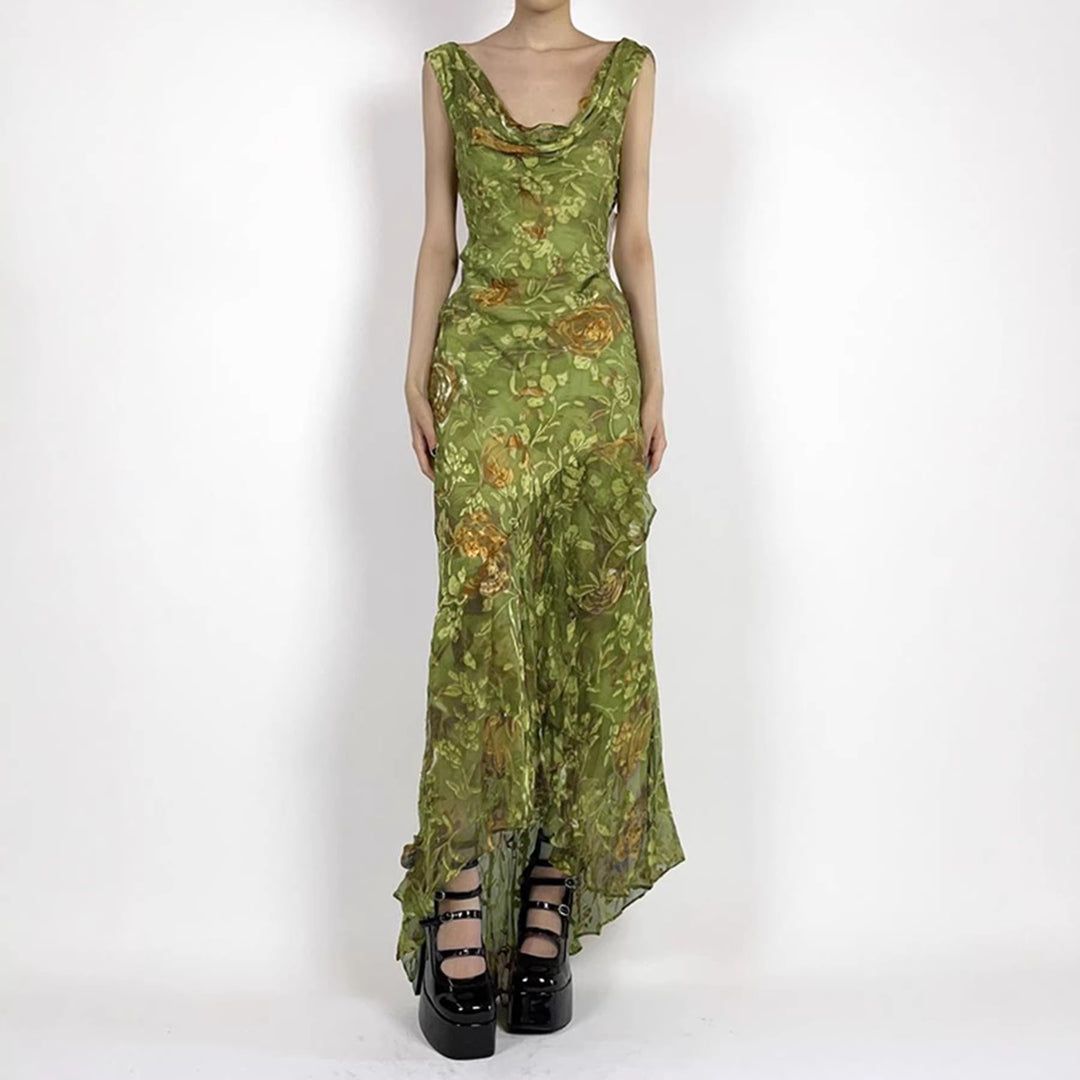 Dame maxikjole med asymmetrisk kant og floral design Skovae