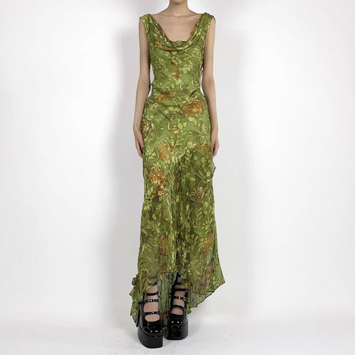 Dame maxikjole med asymmetrisk kant og floral design Skovae