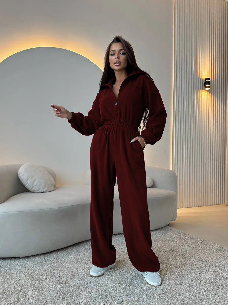 Kvinders elegante fleece jumpsuit med høj krave og elastisk talje Skovae