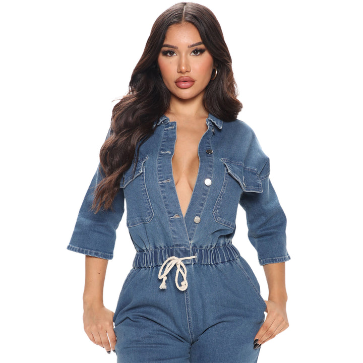 Dame Denim Jumpsuit med talje og knapdetaljer Stilla