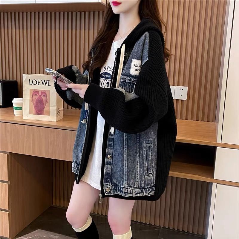 Kvinders oversized denimjakke med strikkelementer Stilla
