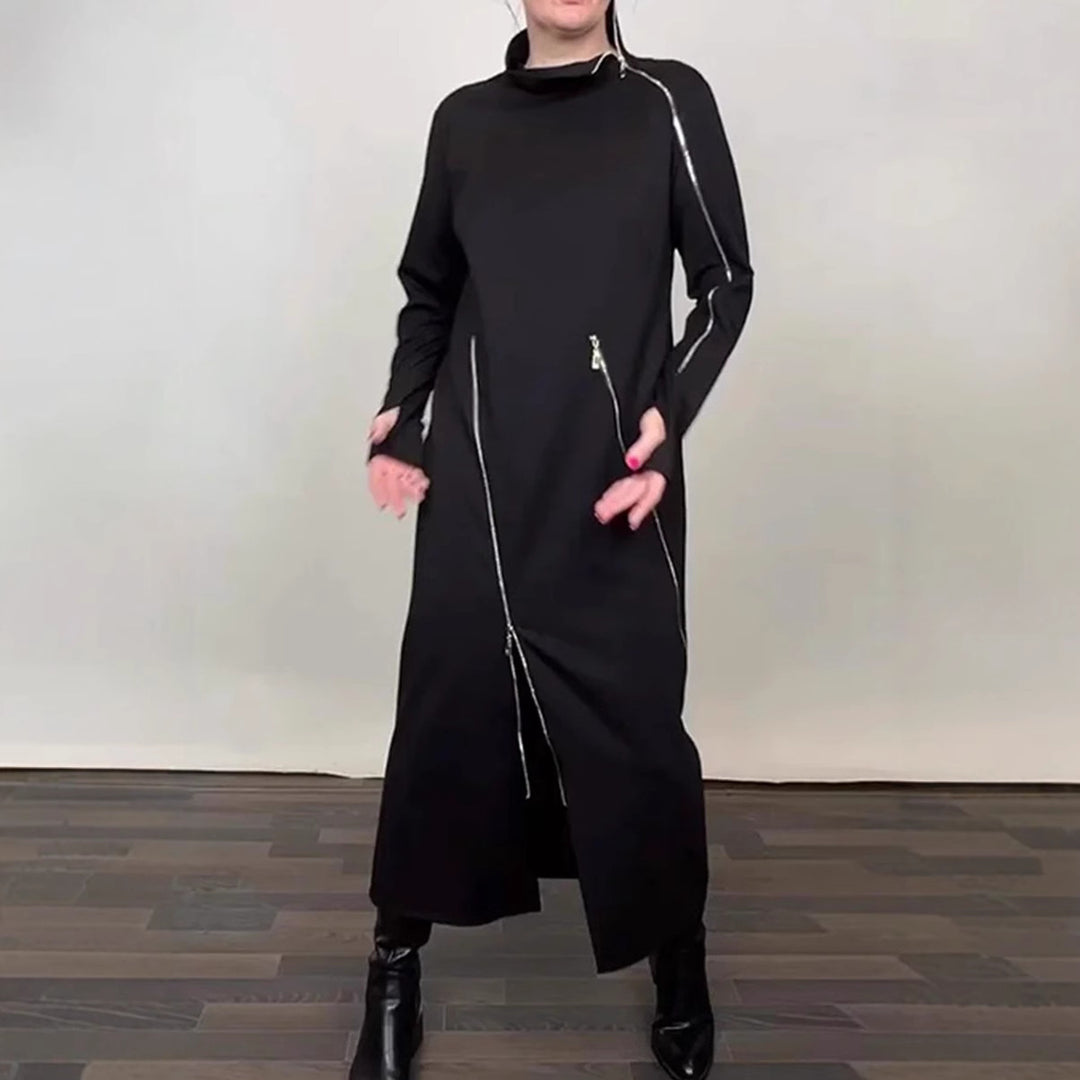 Dame nan langes strikkjole med asymmetrisk metallyzipper og frontsplit Skovae