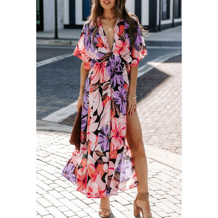 Dame Floral Maxi Wrap Kjole med Slids og Bælte Stilla