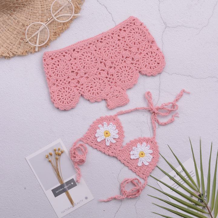 Dame hæklet bikini-sæt med florale applikationer og legende design Stilla