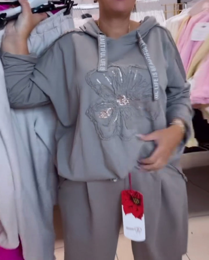 Dame nan afslappet Lounge-sæt med blomster-pailletter-hoodie, snøre og bredt buksefold Skovae