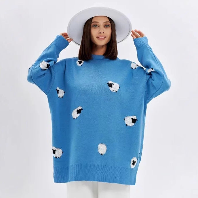 Dame strikpullover med legende fåredesign og afslappet oversized pasform Stilla