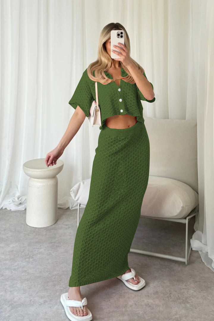 Dame afslappet strik sæt med cropped jakke og omslagsskirt Skovae