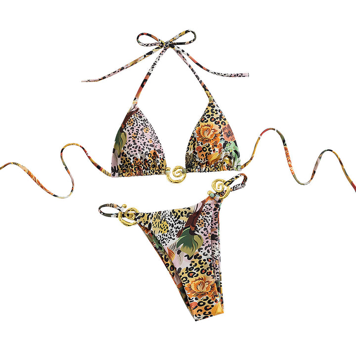 Dame Triangel-Bikini med elegante guld-detaljer og farverig blomsterprint Skovae