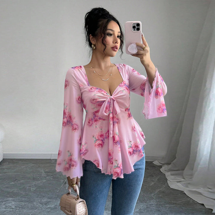 Kvinders flydende bluse skjorte med blomsterdesign og legende knude Stilla