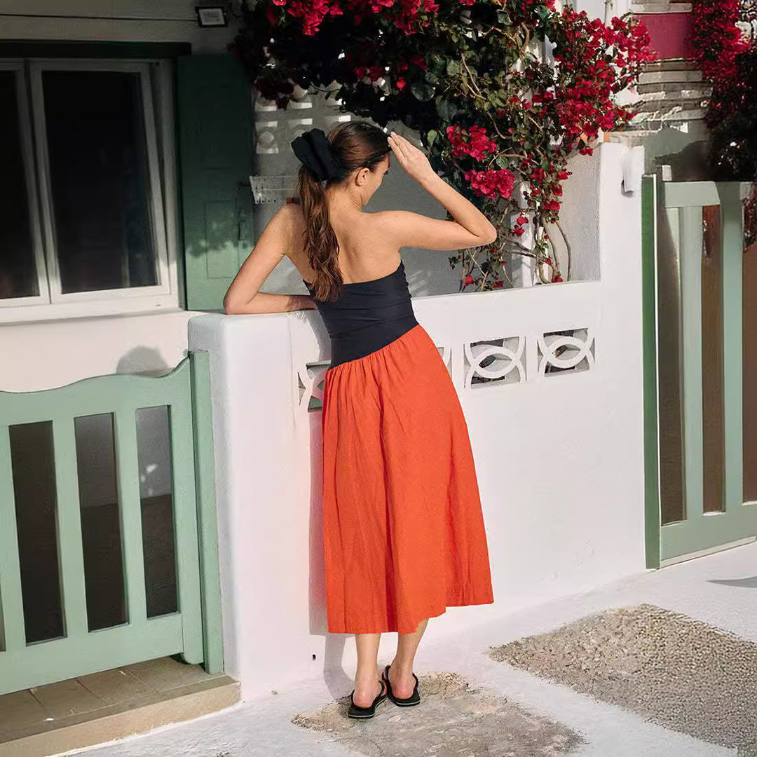 Dame ærmeløs maxi-kjole med højkvalitets overdel og voluminøs nederdel Skovae