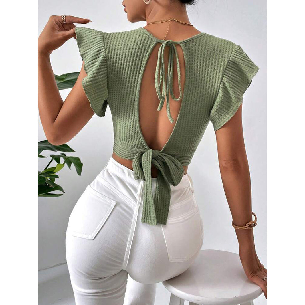 Dame Crop-top med indpakningsdesign og voluminøse ærmer Stilla