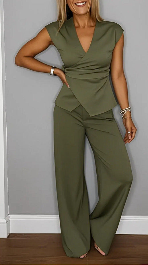 Damer Elegant Wrap-top og bredbenet Bukser Sæt Stilla
