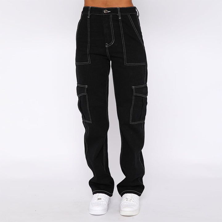 Dame Cargo Jeans med høje lommer og stående syninger Stilla