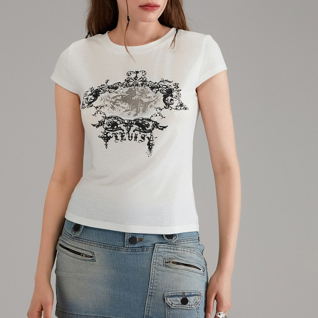 Damer afslappet grafik-crop-top med rund halsudskæring Skovae