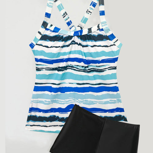 Dame Sporty Tankini-sæt med stribet top og shorts-agtig bund Stilla