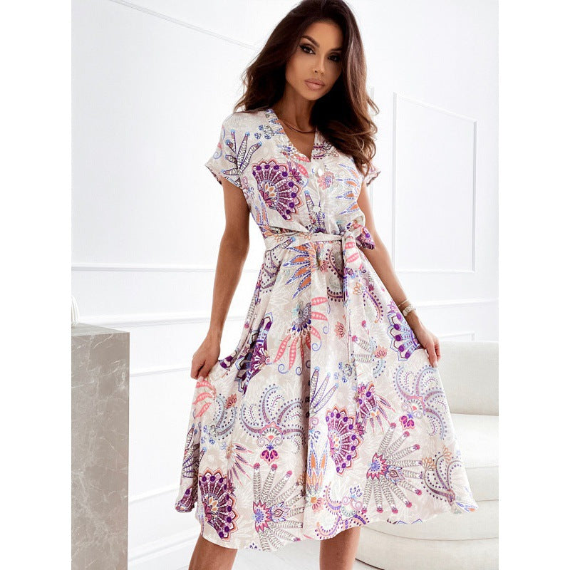 Dame Floral Print Wrap Kjole med justerbart bælte Stilla