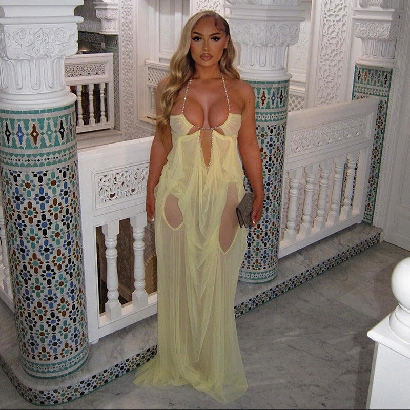 Damen Glamouröses Maxi-Kleid mit transparentem Design und geschmückten Ausschnitten Skovae