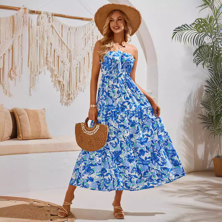Dame Strapless Maxikjole med Blomsterprint og Flæsedetaljer Stilla
