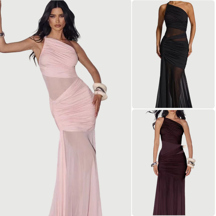 Dame elegante asymmetrisk aftenkjole med raffinerede volangdetaljer Skovae