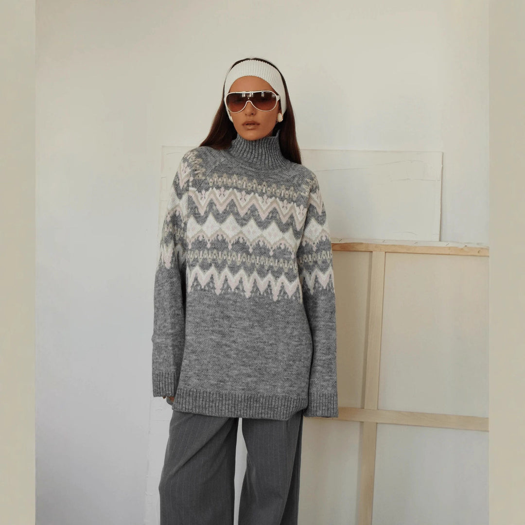 Kvinders chunky strik sweater med høj krave og geometrisk mønster Stilla