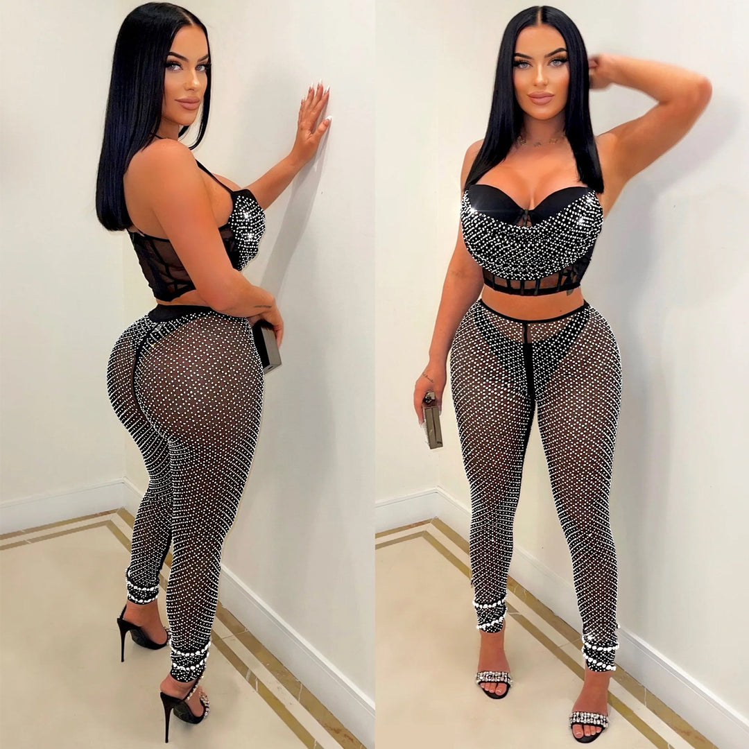 Dame Glitrende Crop-Top og Leggings Sæt med Rynker og Gennemsigtigt Design Stilla