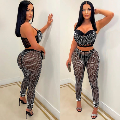Dame Glitrende Crop-Top og Leggings Sæt med Rynker og Gennemsigtigt Design Stilla
