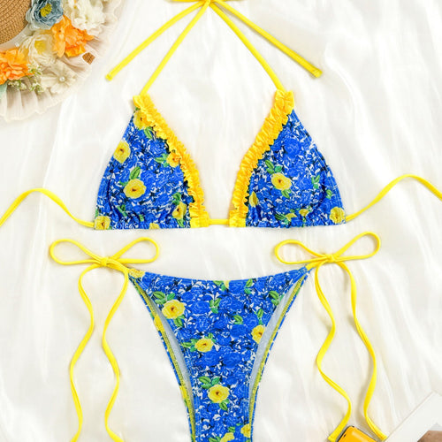 Dame bikini-sæt med legende blomsterdesign og ruffles detaljer Stilla