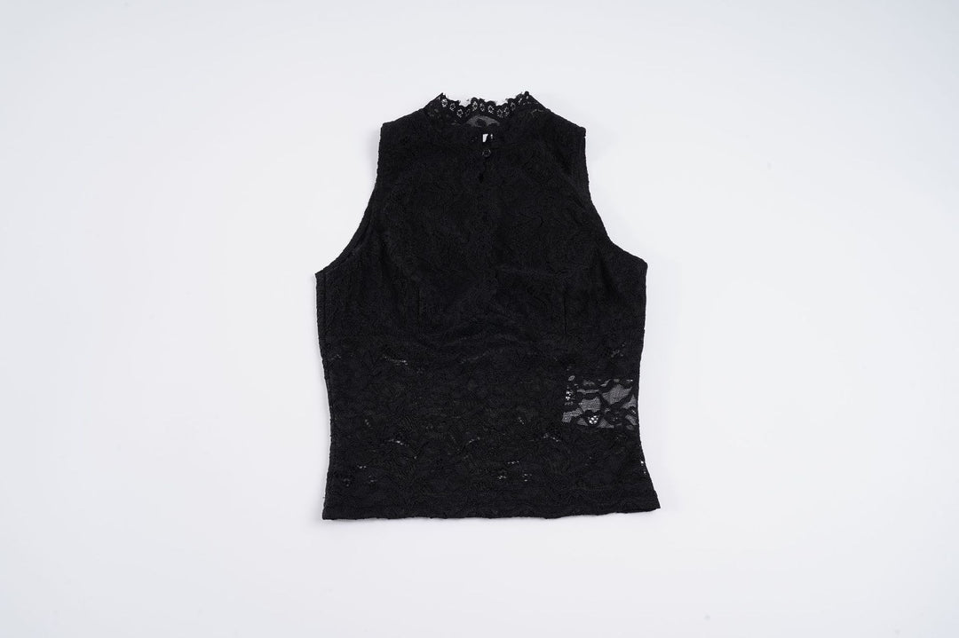 Dame spids crop top med elegant stående krave og gennemsigtige indsatser Skovae