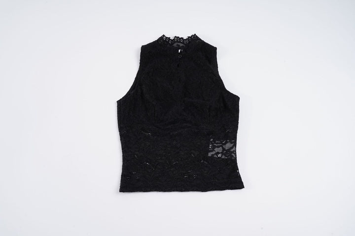 Dame spids crop top med elegant stående krave og gennemsigtige indsatser Skovae