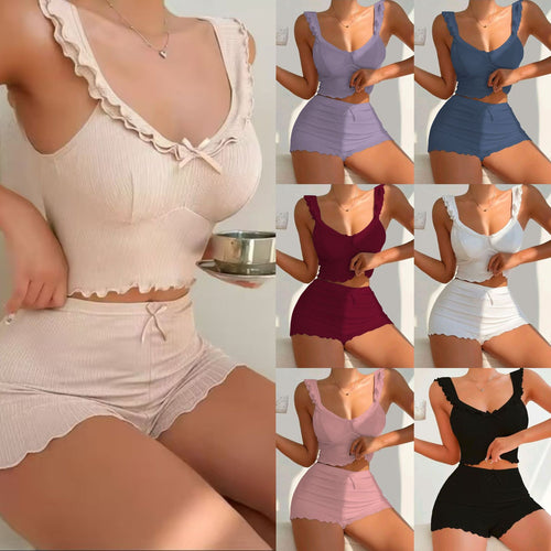 Dame komfortabel overdel og shorts sæt med flæse detaljer Stilla