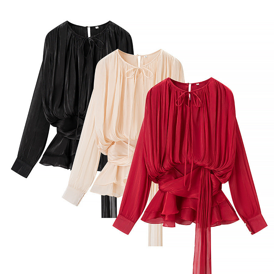 Dame Elegant Bluse med Rynker og Bundet Bælte Stilla