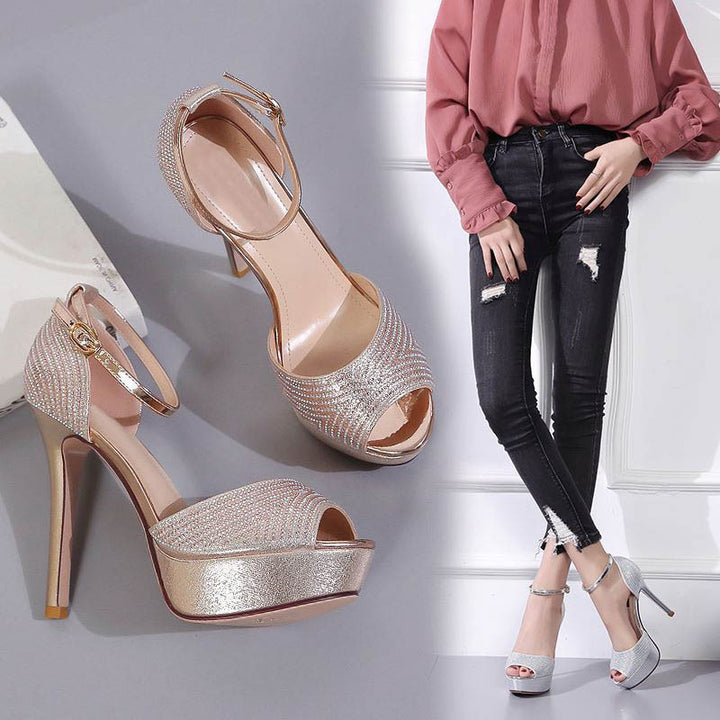 Dame Peeptoe High Heel Sandaler med glitrende remme og komfortabel plateau Stilla