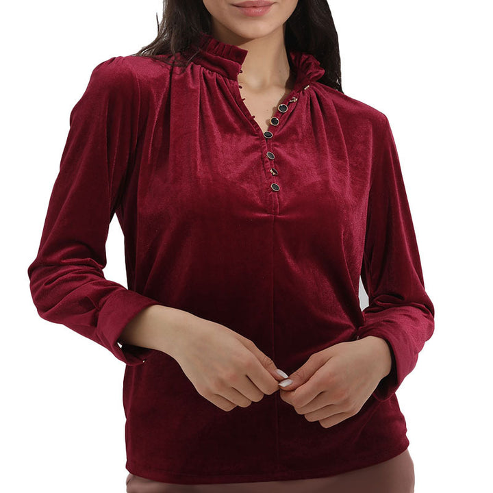 Dame Elegant top med ruffles detaljer og knaplukning Stilla
