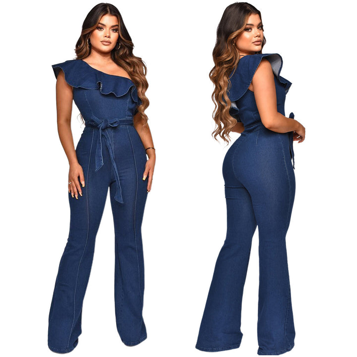 Dame elegant jumpsuit med smart flæsebesætning og bindebælte Stilla