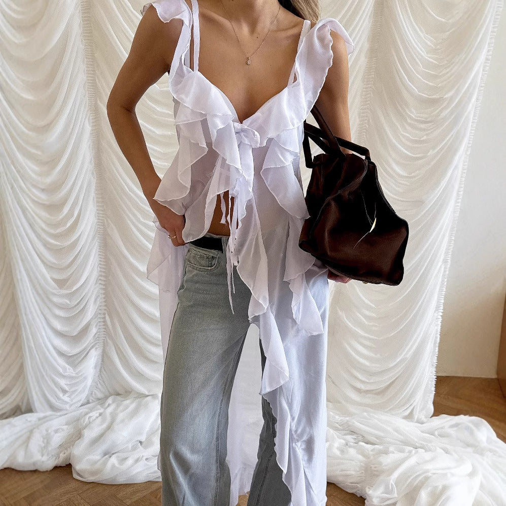 Dame Rynke-overlay-bluse med minimalistisk knaplukning og flydende snit Stilla
