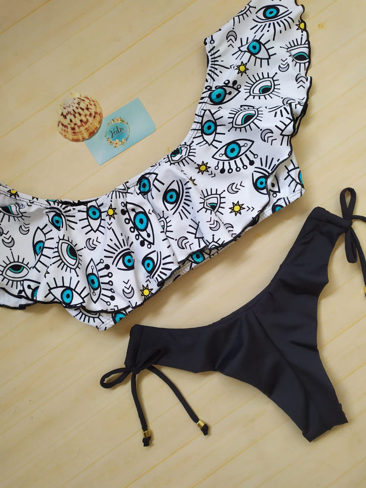 Dame Farverig trykt bikini med skuldervolants Skovae
