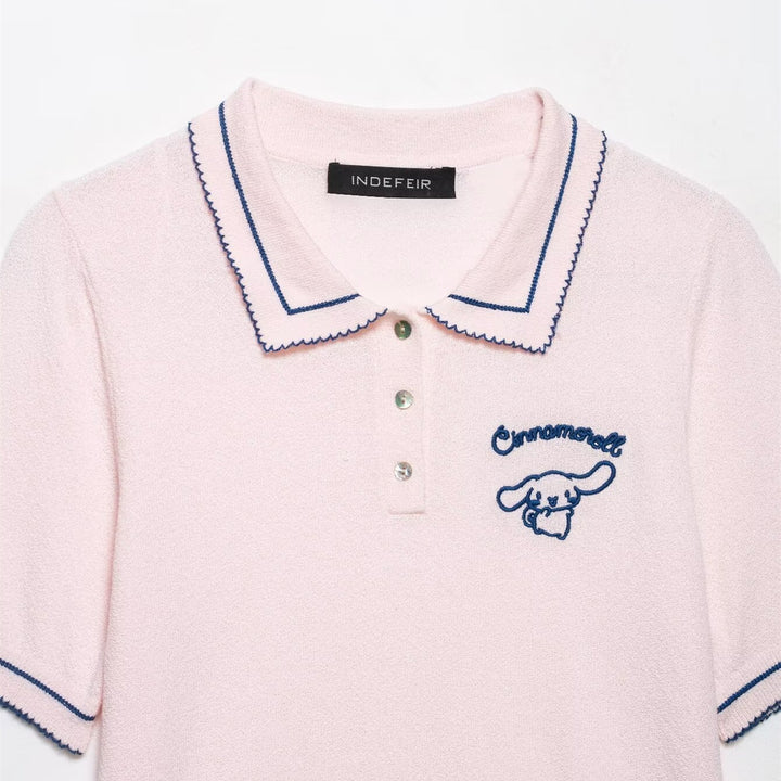Dame Polo-Shirt med fin struktur og broderet motiv Skovae