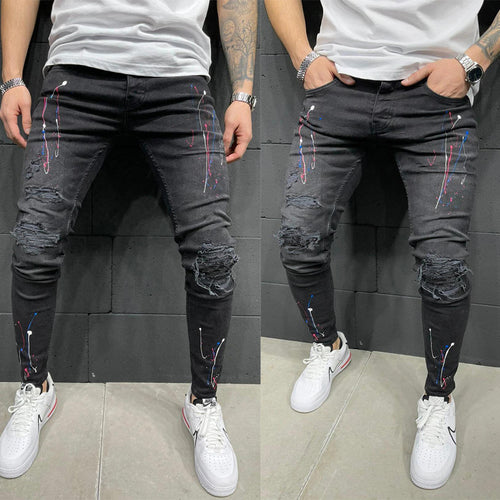 Herrer jeans i used-look med kreative farvesprøjt Stilla