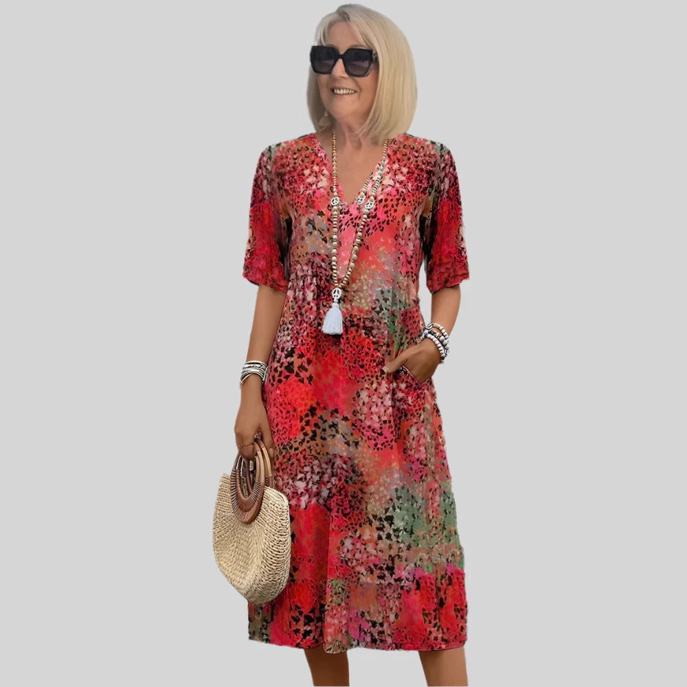 Dame Flydende V-Hals Blomster Midi Kjole Stilla