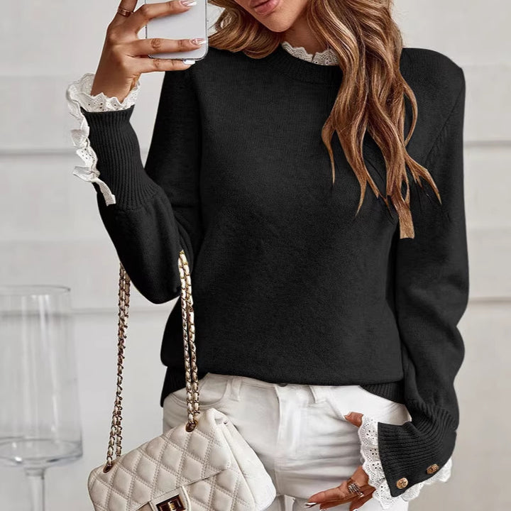 Damer fin sweater med dekorative blonderærmer og elegante knapdetaljer Stilla