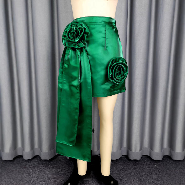Dame Satin nederdel med blomster rynke-design og taljeret sløjfe Skovae