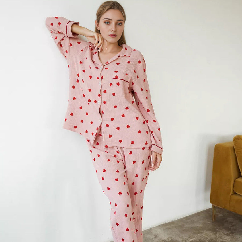 Dame pajamasæt med hjerteprint og elegant knude bluse Stilla