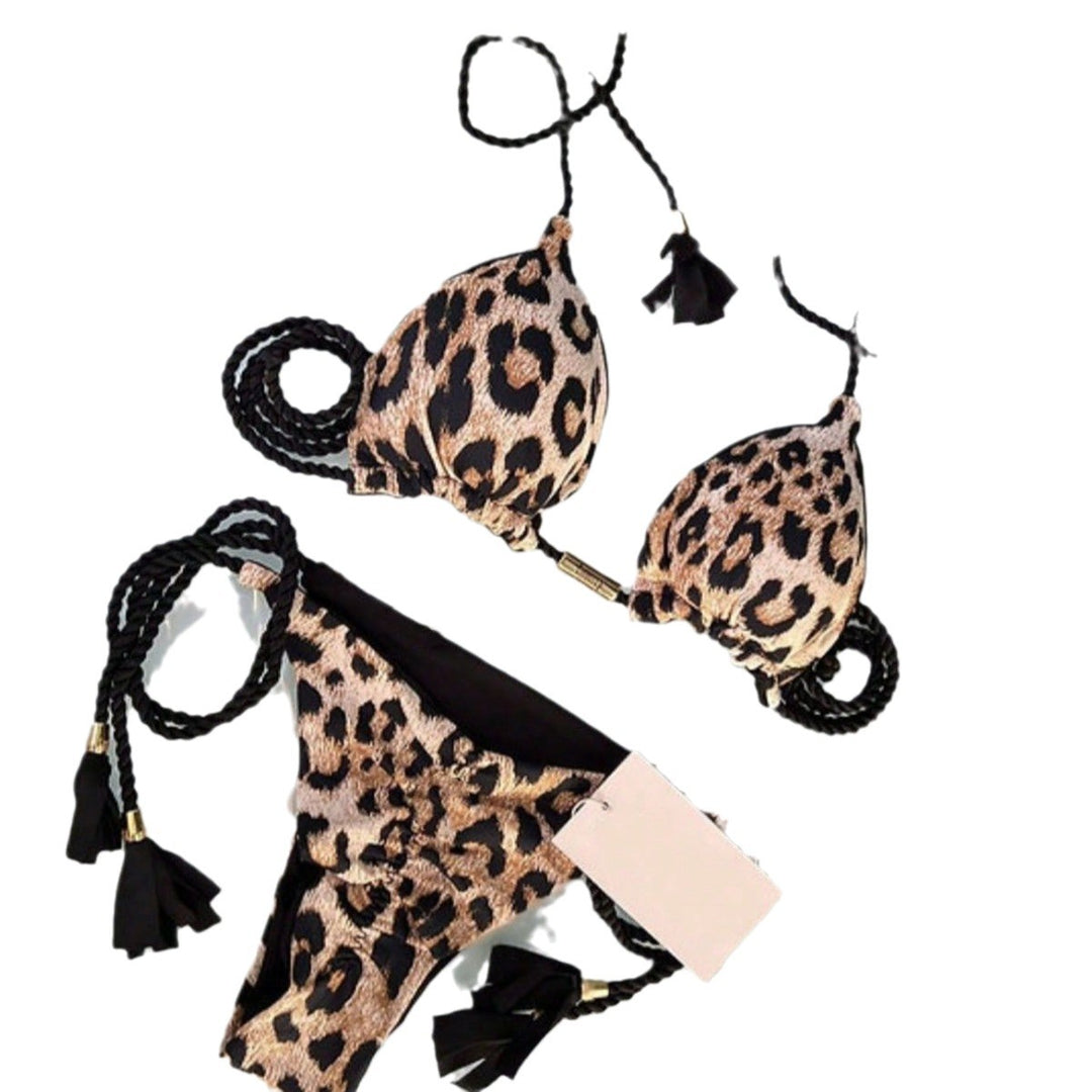 Dame Triangel-Bikini-Sæt med elegant leopardmønster og justerbare snore Stilla