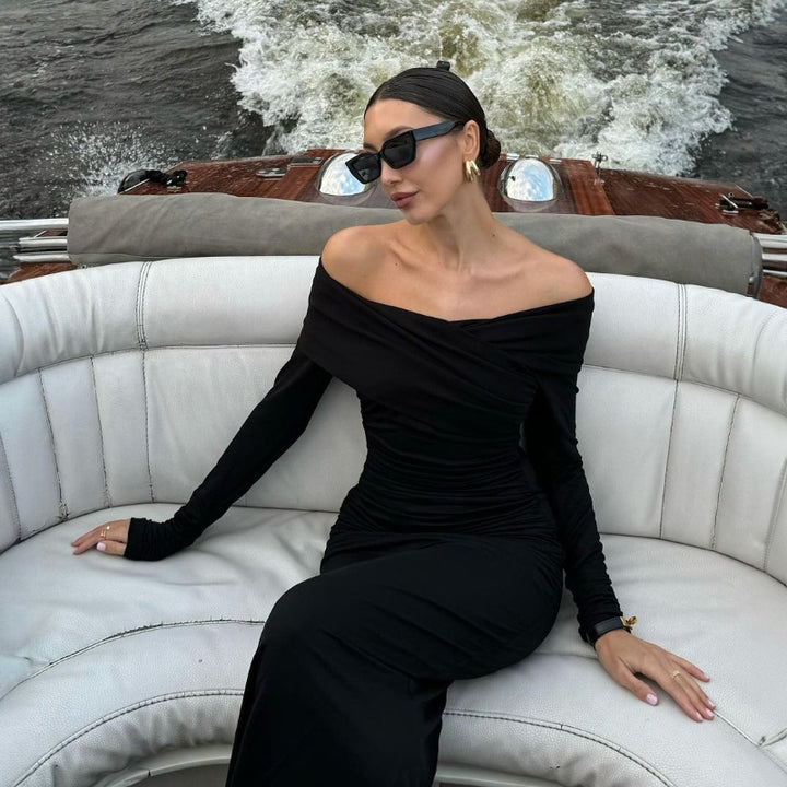 Dame Elegant Off-Shoulder-Maxikjole med rynket design Stilla
