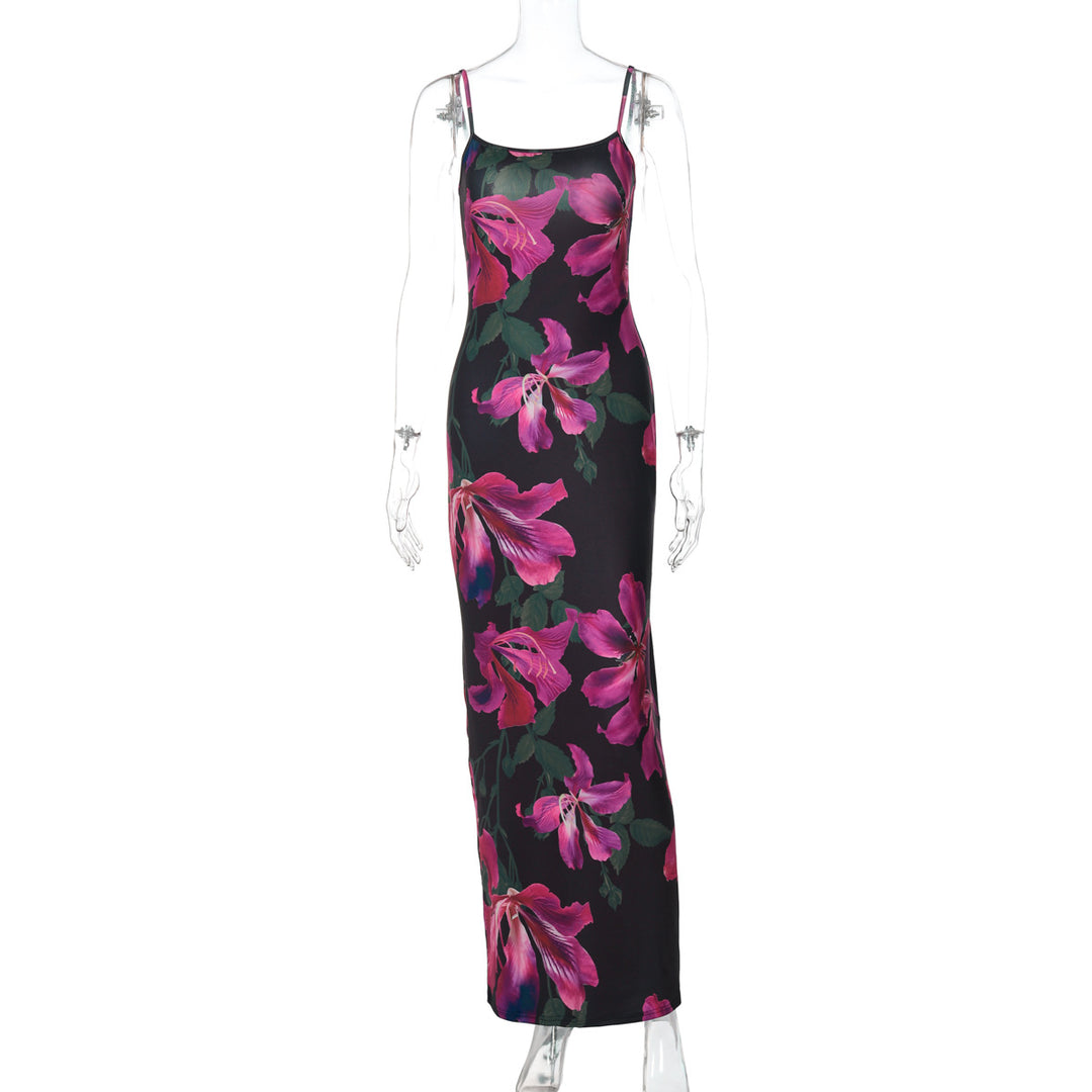 Dame Maxikjole med smalle spaghetti stropper og blomsterapplikationer Stilla