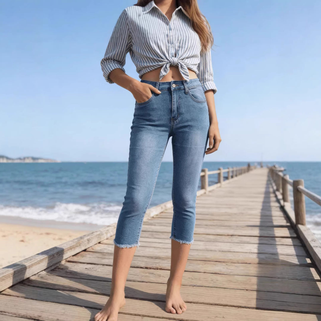 Damer casual High-Waist jeans med frynset kant og trendy snit Skovae