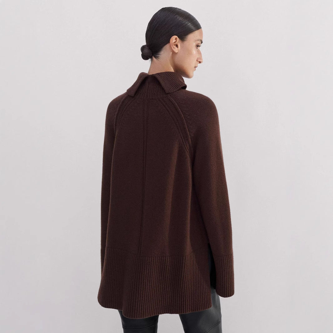 Dame grovstrik pullover med høj krave og sideslidser Stilla
