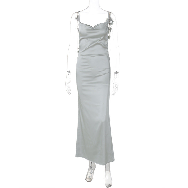 Dame Satin Maxikjole med fine stropper og elegant drapering Skovae
