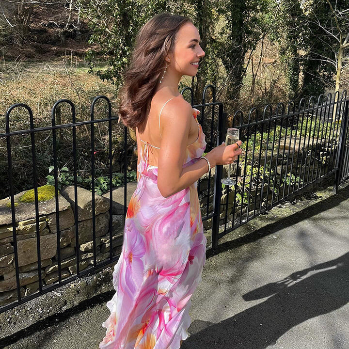 Dame Maxikjole med raffinerede flæsedetaljer og blomstermønster Stilla